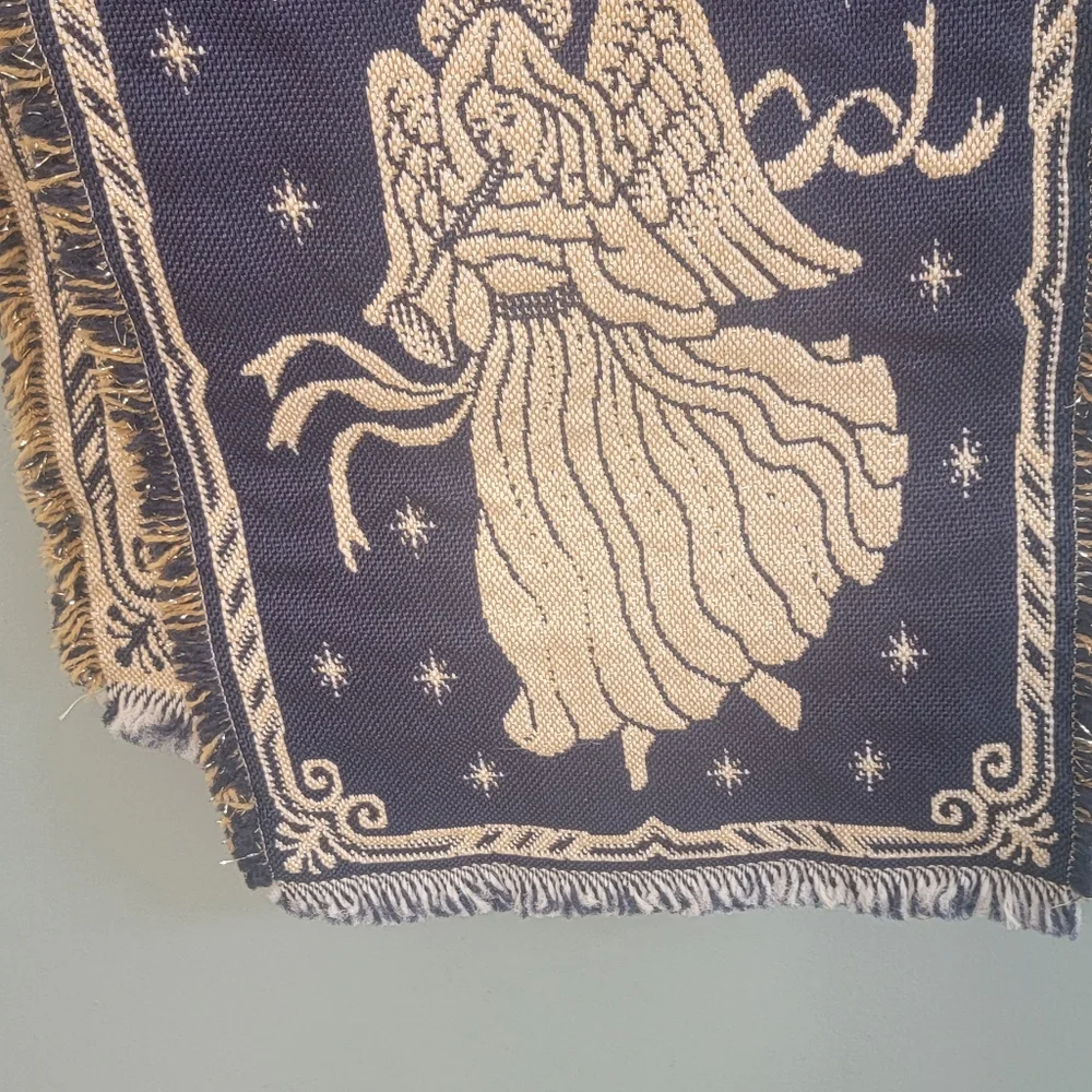 Vintage Table‎ Tapestry Runner Angel Holiday Seasonal Fringe Size 12Wx72L